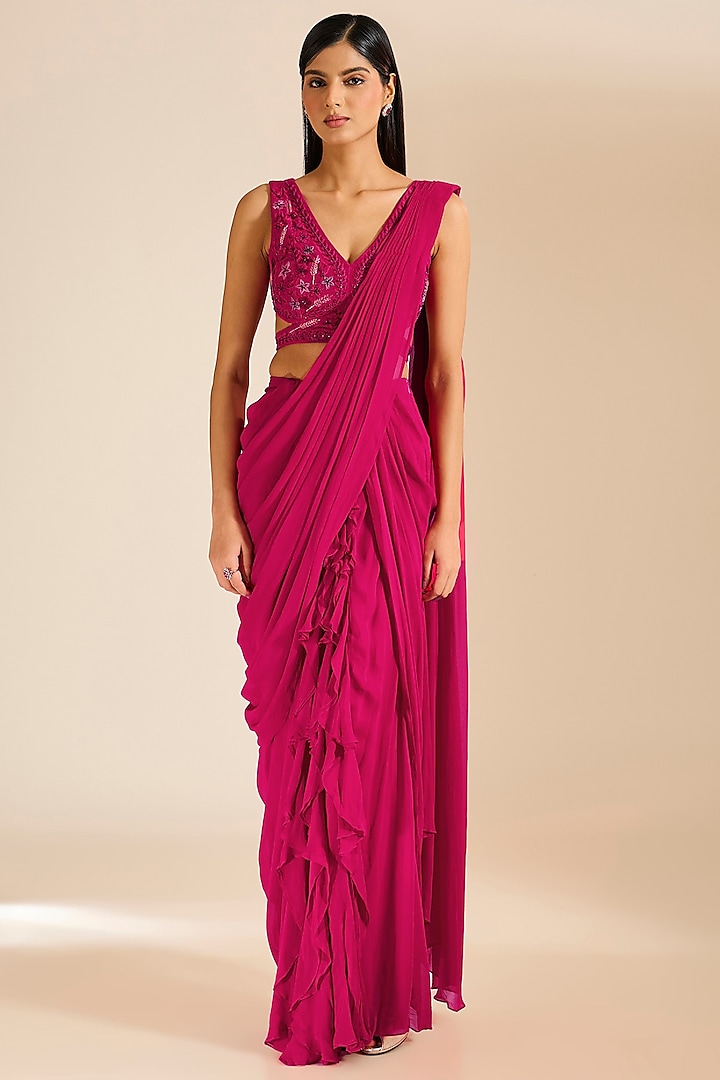 Fuchsia Georgette Ruffled Pre-Draped Saree Set by Vivek Patel at Pernia's Pop Up Shop