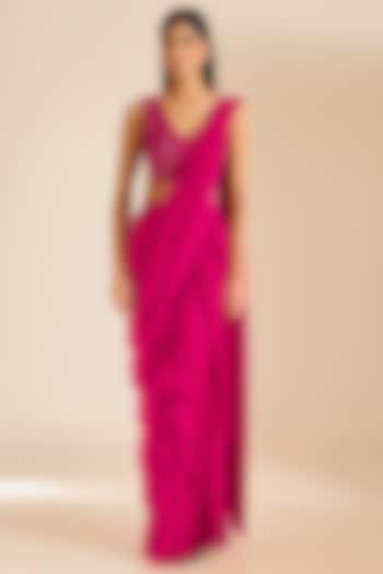 Fuchsia Georgette Ruffled Pre-Draped Wedding Saree Set by Vivek Patel at Pernia's Pop Up Shop