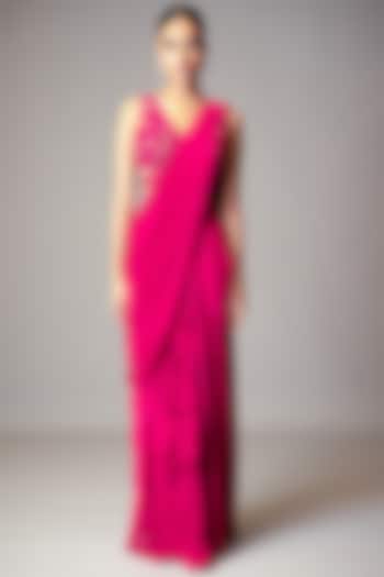 Fuchsia Georgette Ruffled Pre-Draped Wedding Saree Set by Vivek Patel at Pernia's Pop Up Shop