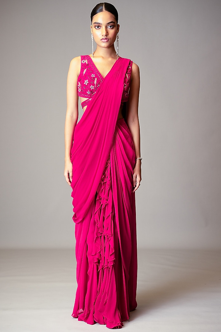 Fuchsia Georgette Ruffled Pre-Draped Wedding Saree Set by Vivek Patel at Pernia's Pop Up Shop