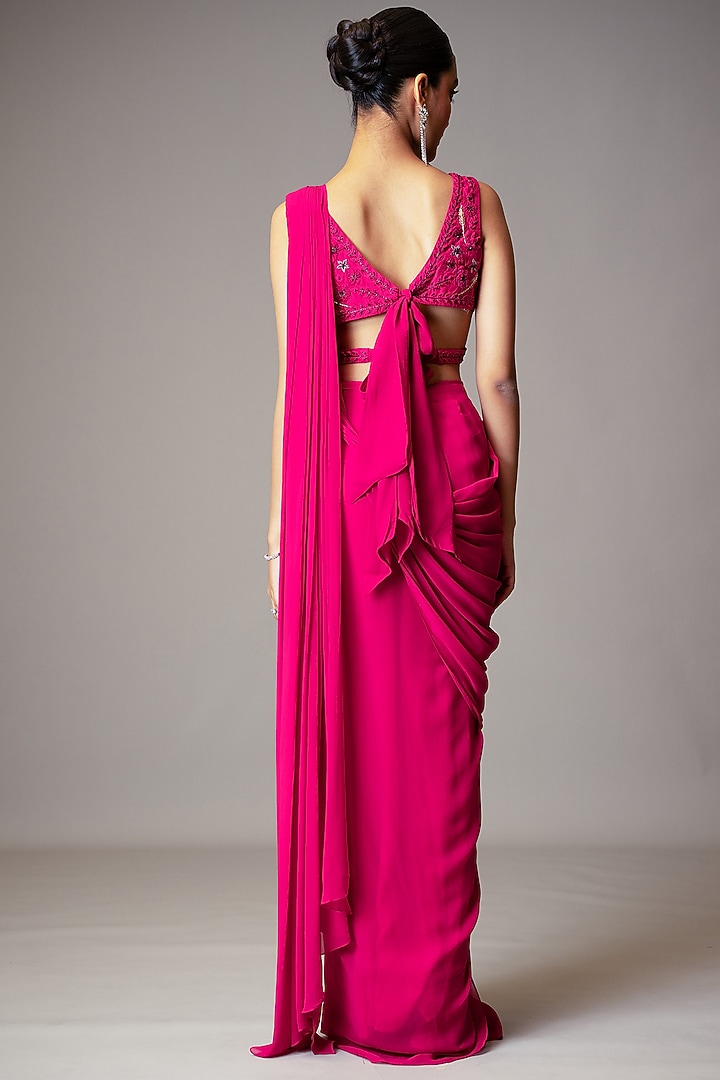 Fuchsia Georgette Ruffled Pre-Draped Wedding Saree Set by Vivek Patel at Pernia's Pop Up Shop