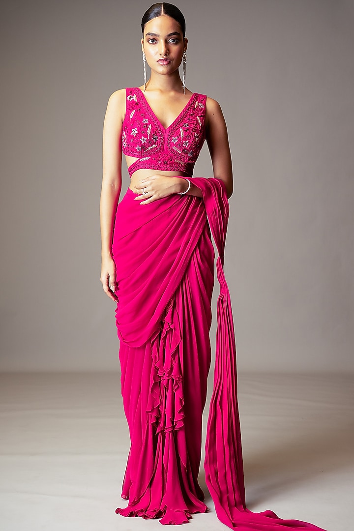 Fuchsia Georgette Ruffled Pre-Draped Wedding Saree Set by Vivek Patel at Pernia's Pop Up Shop