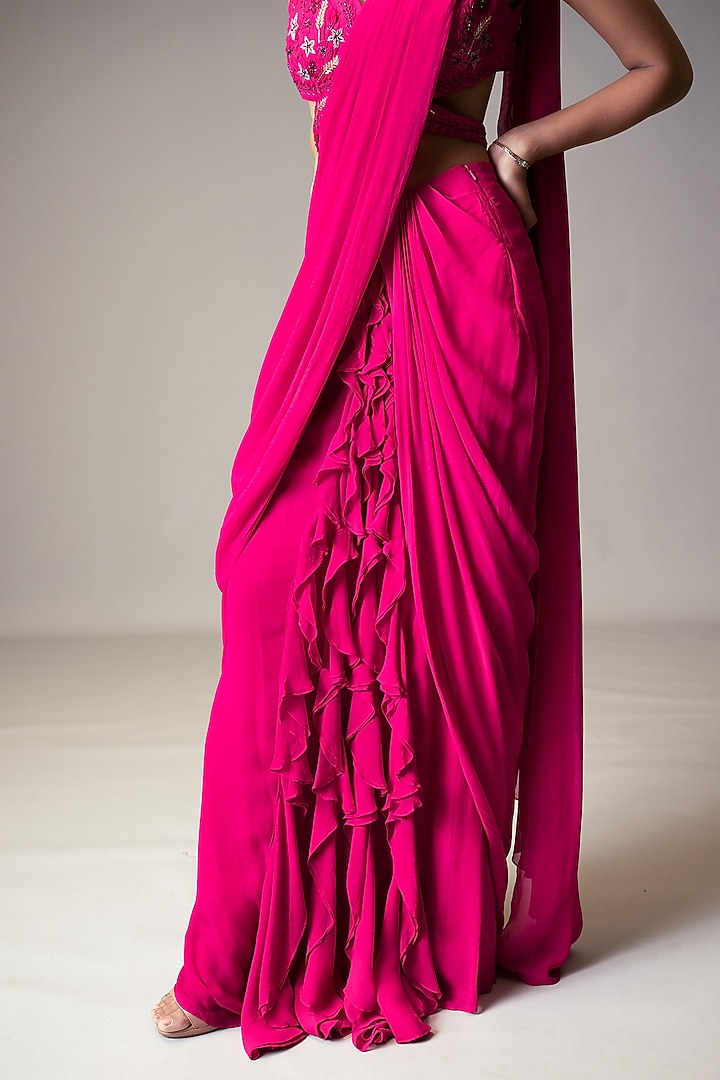 Fuchsia Georgette Ruffled Pre-Draped Wedding Saree Set by Vivek Patel at Pernia's Pop Up Shop