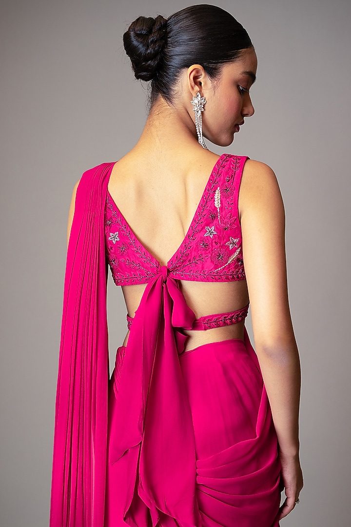 Fuchsia Georgette Ruffled Pre-Draped Wedding Saree Set by Vivek Patel at Pernia's Pop Up Shop