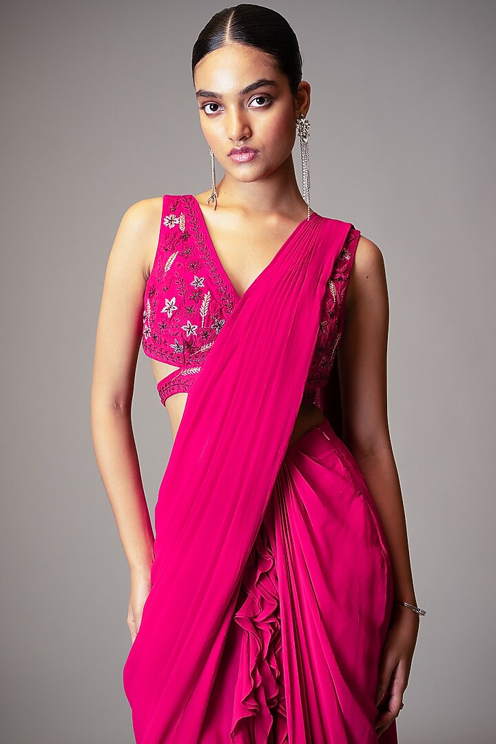 Fuchsia Georgette Ruffled Pre-Draped Wedding Saree Set by Vivek Patel at Pernia's Pop Up Shop