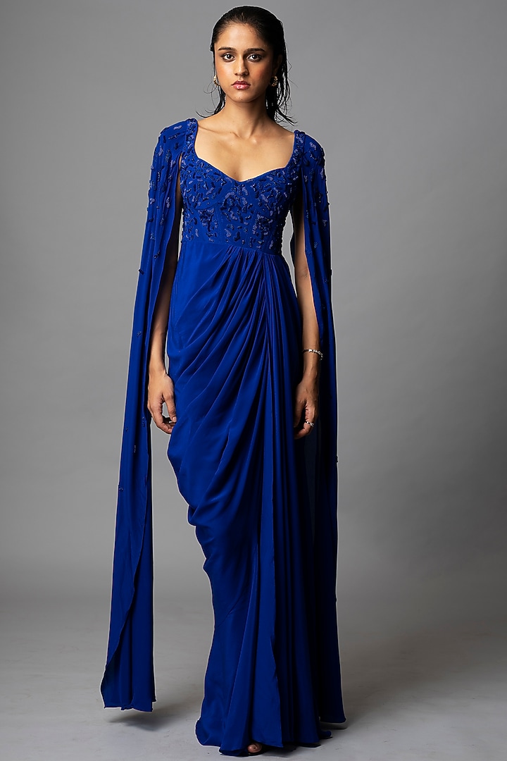 Teal Blue Silk Crepe Pearl Embellished Wedding Gown Saree by Vivek Patel at Pernia's Pop Up Shop