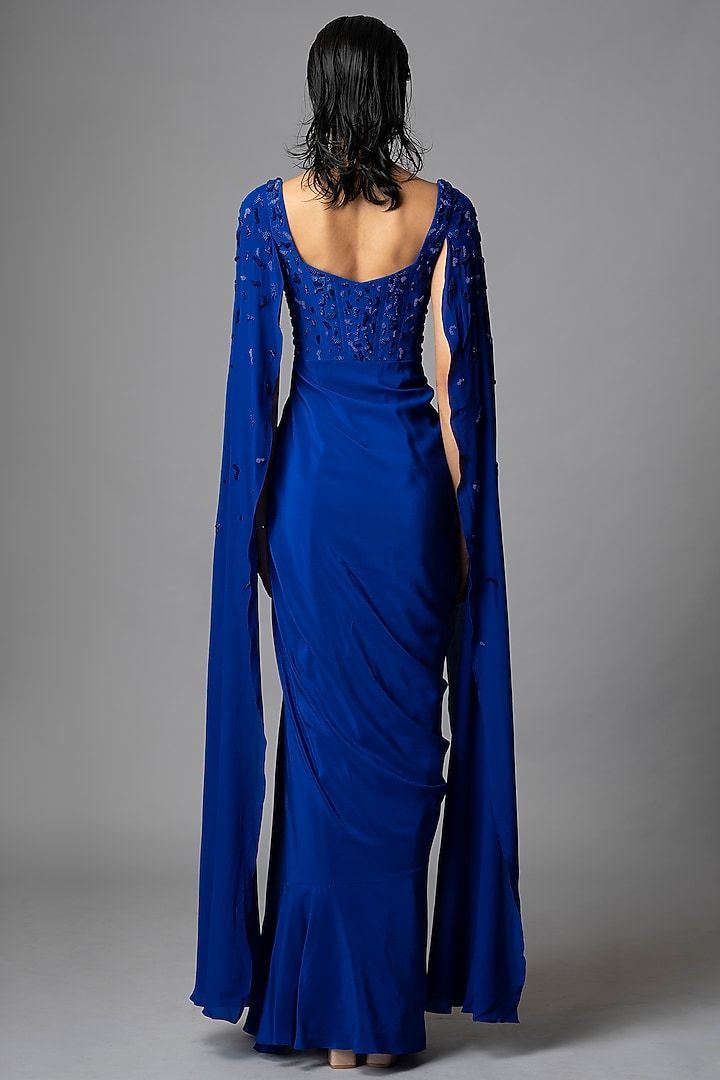 Teal Blue Silk Crepe Pearl Embellished Wedding Gown Saree by Vivek Patel at Pernia's Pop Up Shop