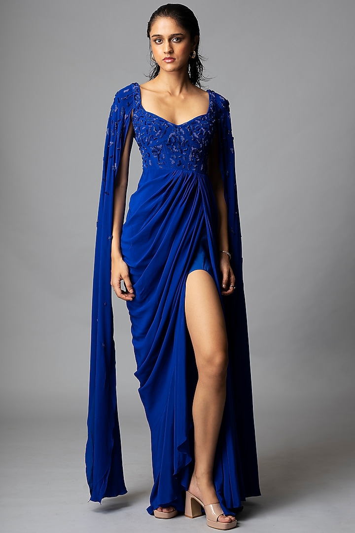 Teal Blue Silk Crepe Pearl Embellished Wedding Gown Saree by Vivek Patel at Pernia's Pop Up Shop