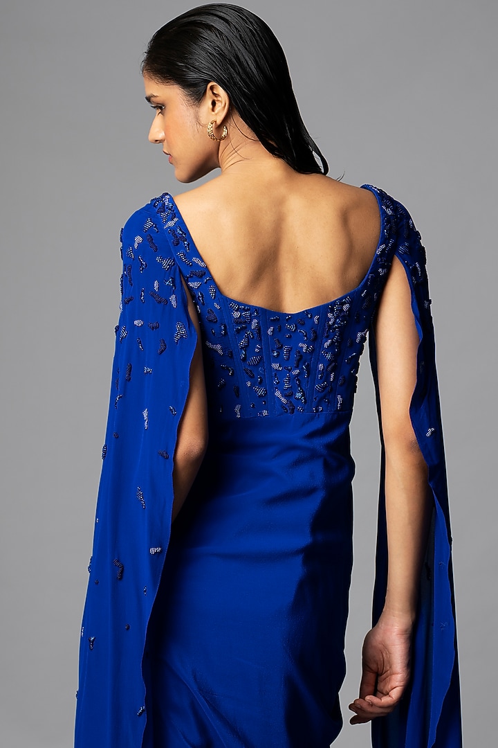 Teal Blue Silk Crepe Pearl Embellished Wedding Gown Saree by Vivek Patel at Pernia's Pop Up Shop