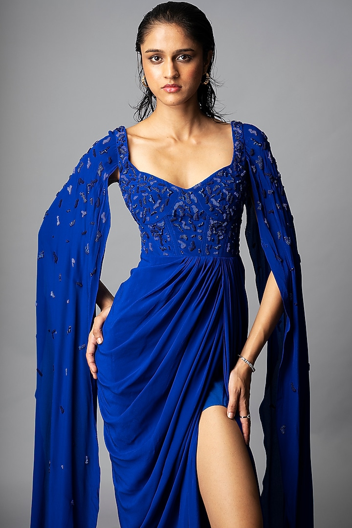 Teal Blue Silk Crepe Pearl Embellished Wedding Gown Saree by Vivek Patel at Pernia's Pop Up Shop