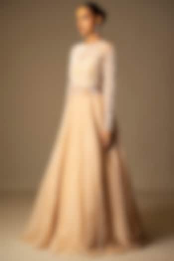 Beige Silk Organza Pearl Embellished Lehenga Reception Gown Saree by Vivek Patel at Pernia's Pop Up Shop