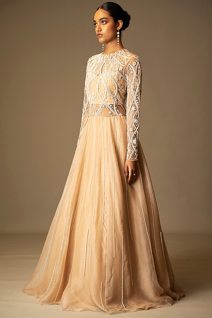 Beige Silk Organza Pearl Embellished Lehenga Reception Gown Saree by Vivek Patel at Pernia's Pop Up Shop
