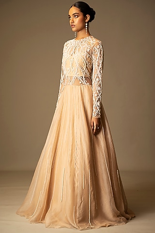 Beige Silk Organza Pearl Embellished Lehenga Gown Saree by Vivek Patel