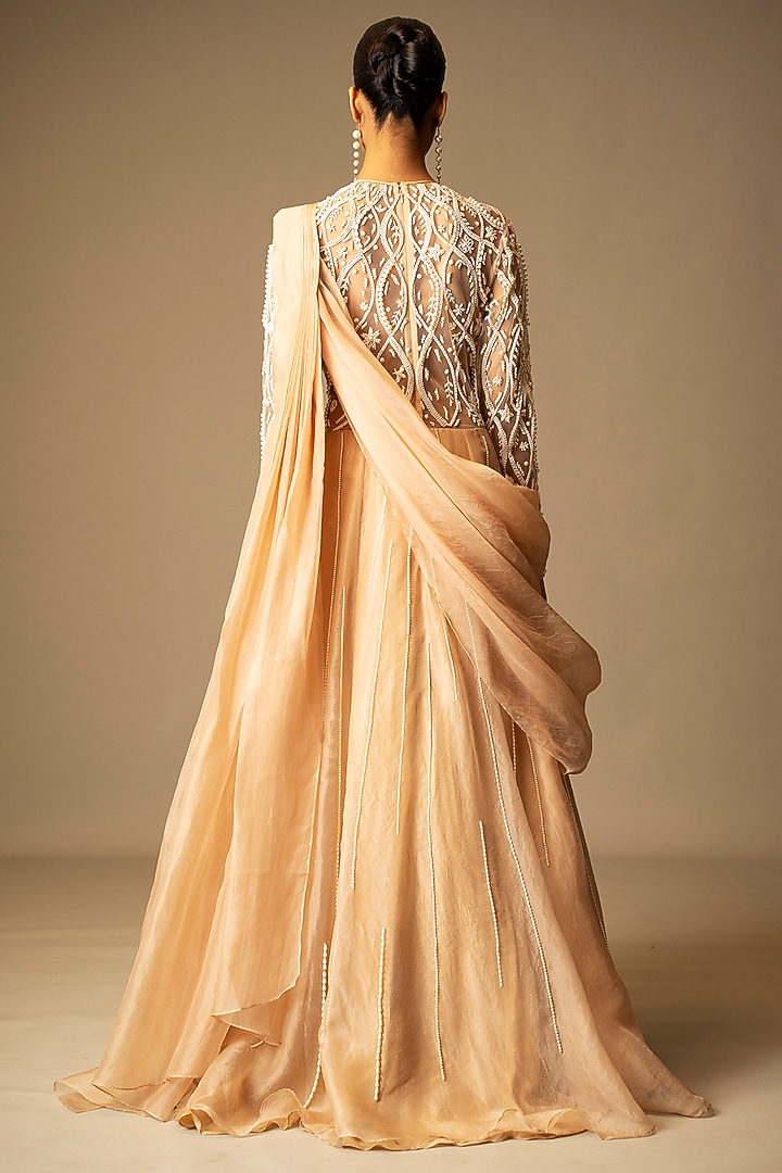 Beige Silk Organza Pearl Embellished Lehenga Reception Gown Saree by Vivek Patel at Pernia's Pop Up Shop