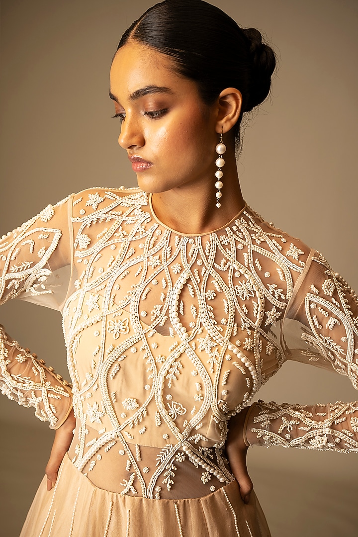 Beige Silk Organza Pearl Embellished Lehenga Reception Gown Saree by Vivek Patel at Pernia's Pop Up Shop