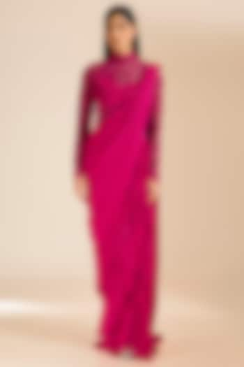 Fuchsia Pink Georgette Beads Embellished Lehenga Gown Saree by Vivek Patel at Pernia's Pop Up Shop