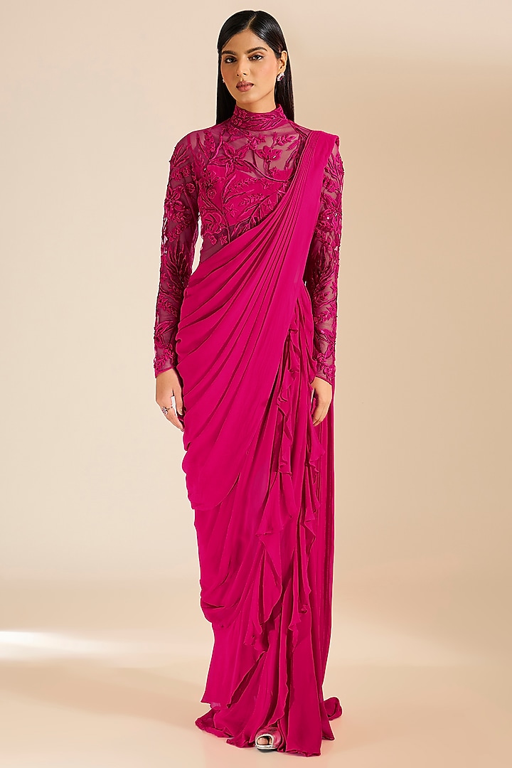 Fuchsia Pink Georgette Beads Embellished Lehenga Gown Saree by Vivek Patel at Pernia's Pop Up Shop