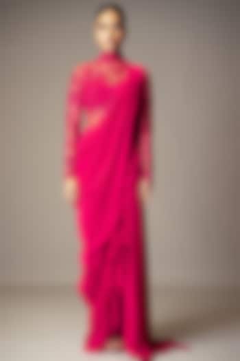 Fuchsia Pink Georgette Beads Embellished Lehenga Wedding Gown Saree by Vivek Patel at Pernia's Pop Up Shop