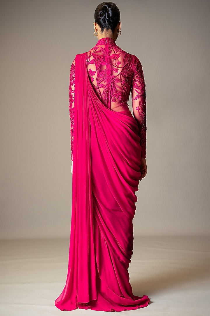 Fuchsia Pink Georgette Beads Embellished Lehenga Wedding Gown Saree by Vivek Patel at Pernia's Pop Up Shop