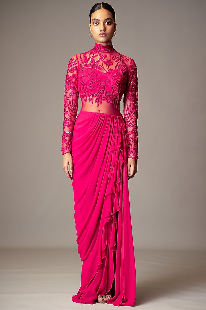 Fuchsia Pink Georgette Beads Embellished Lehenga Wedding Gown Saree by Vivek Patel at Pernia's Pop Up Shop