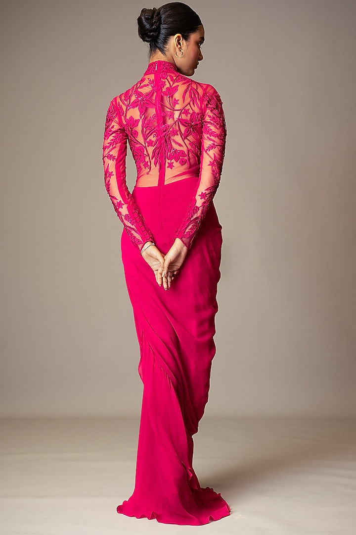 Fuchsia Pink Georgette Beads Embellished Lehenga Wedding Gown Saree by Vivek Patel at Pernia's Pop Up Shop