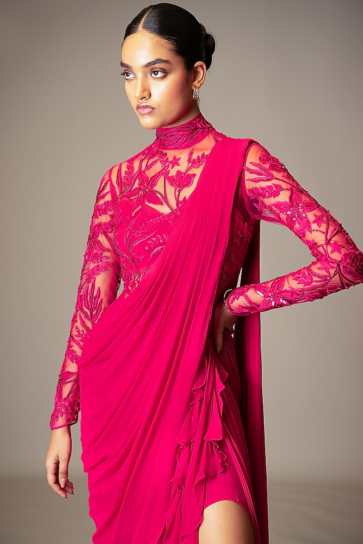 Fuchsia Pink Georgette Beads Embellished Lehenga Wedding Gown Saree by Vivek Patel at Pernia's Pop Up Shop