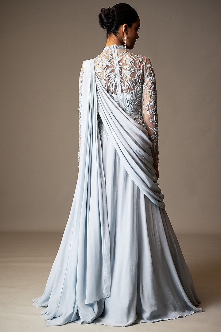 Pastel Blue Silk Organza Beads Embellished Draped Wedding Gown Saree by Vivek Patel at Pernia's Pop Up Shop