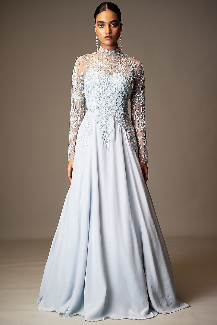 Pastel Blue Silk Organza Beads Embellished Draped Wedding Gown Saree by Vivek Patel at Pernia's Pop Up Shop