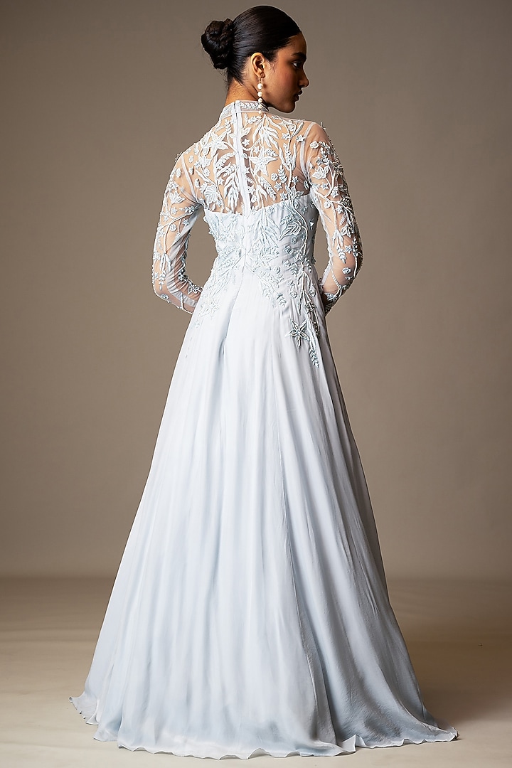 Pastel Blue Silk Organza Beads Embellished Draped Wedding Gown Saree by Vivek Patel at Pernia's Pop Up Shop