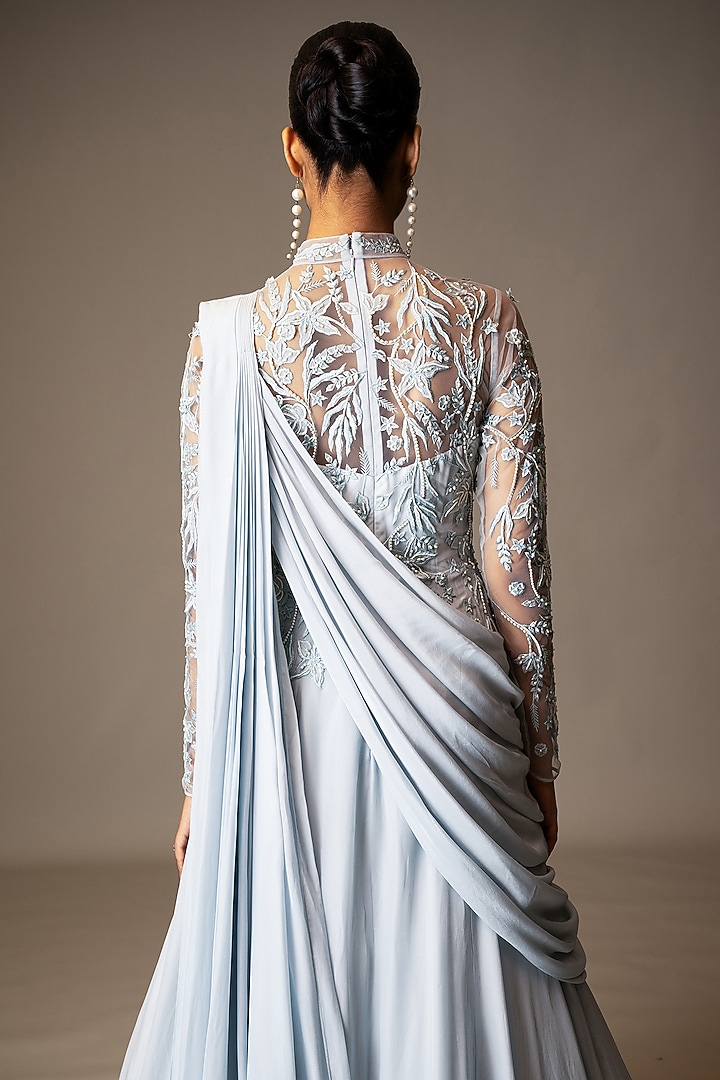 Pastel Blue Silk Organza Beads Embellished Draped Wedding Gown Saree by Vivek Patel at Pernia's Pop Up Shop