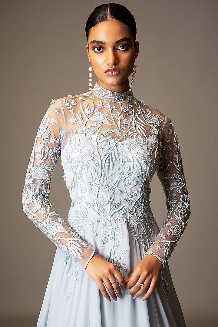 Pastel Blue Silk Organza Beads Embellished Draped Wedding Gown Saree by Vivek Patel at Pernia's Pop Up Shop