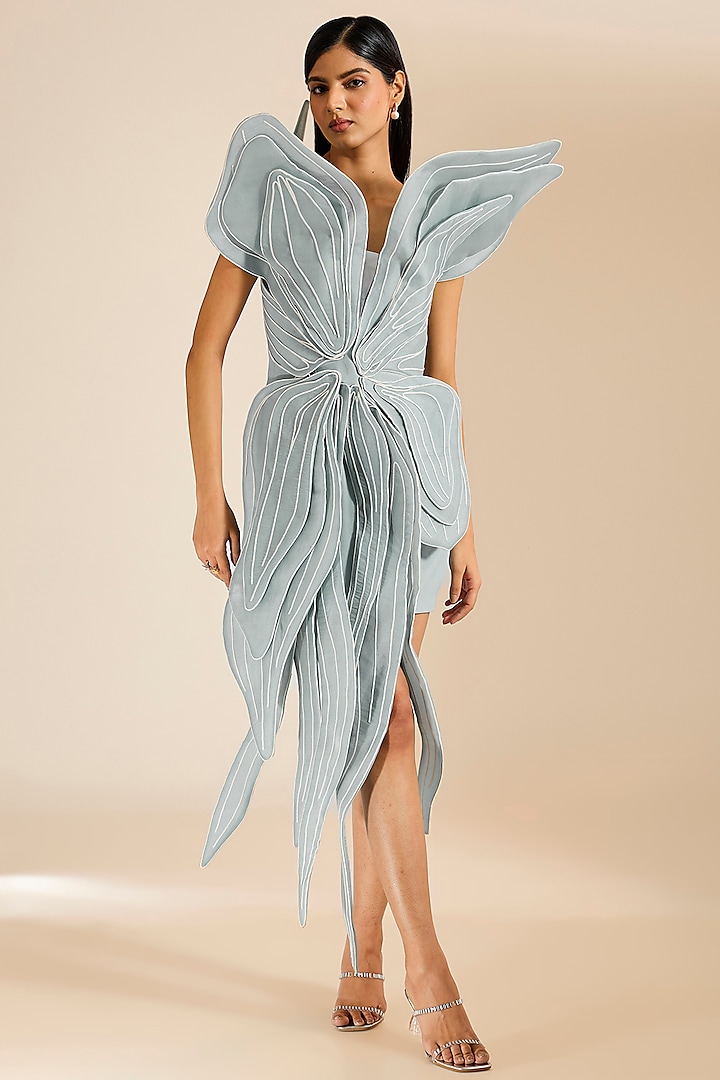 Frost Blue Silk Crepe Embellished 3D Structured Capco Cocktail Dress by Vivek Patel at Pernia's Pop Up Shop