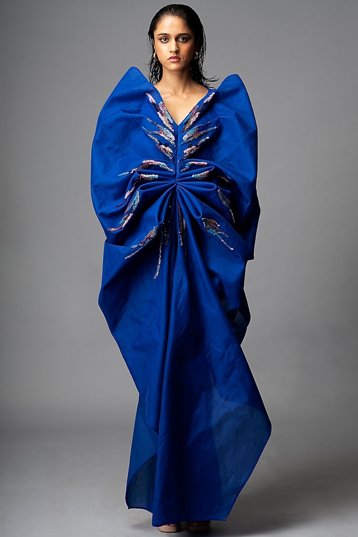 Teal Blue Silk Crepe Embellished Structured Capco Layered Party Wear Dress by Vivek Patel at Pernia's Pop Up Shop