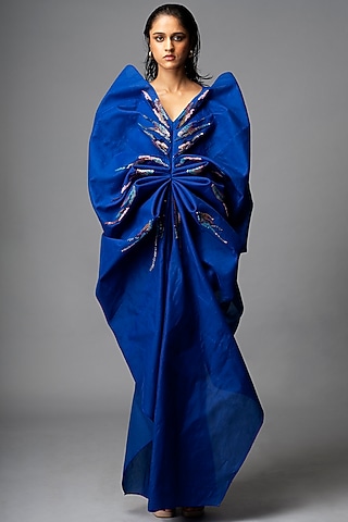Teal Blue Silk Crepe Embellished Structured Capco Layered Dress by Vivek Patel