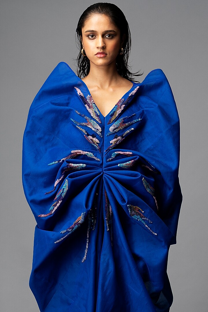 Teal Blue Silk Crepe Embellished Structured Capco Layered Party Wear Dress by Vivek Patel at Pernia's Pop Up Shop
