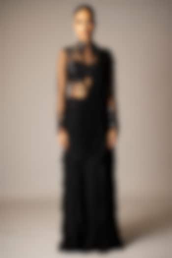 Black Georgette Sequins Hand Embellished Wedding Gown Saree by Vivek Patel at Pernia's Pop Up Shop