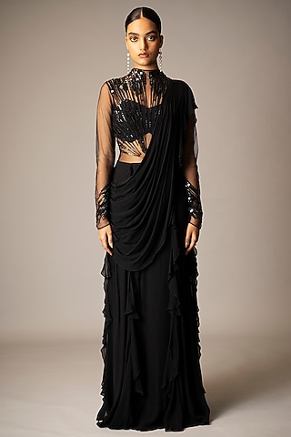 Black Georgette Sequins Hand Embellished Gown Saree by Vivek Patel