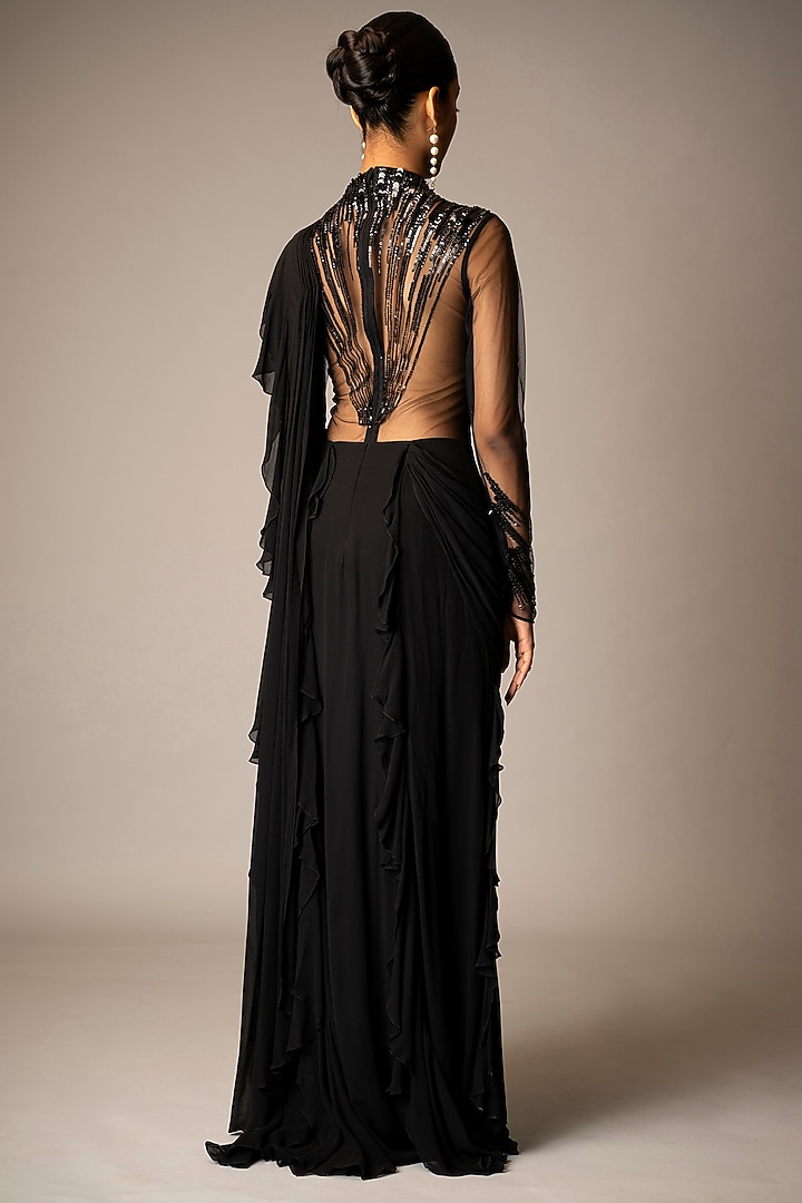 Black Georgette Sequins Hand Embellished Wedding Gown Saree by Vivek Patel at Pernia's Pop Up Shop