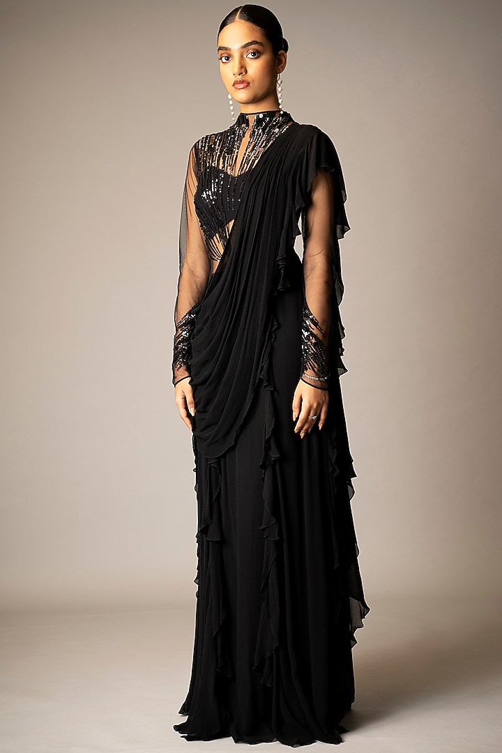 Black Georgette Sequins Hand Embellished Wedding Gown Saree by Vivek Patel at Pernia's Pop Up Shop