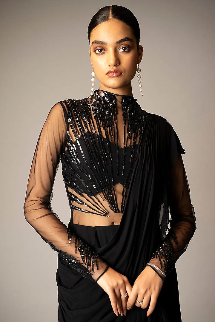 Black Georgette Sequins Hand Embellished Wedding Gown Saree by Vivek Patel at Pernia's Pop Up Shop