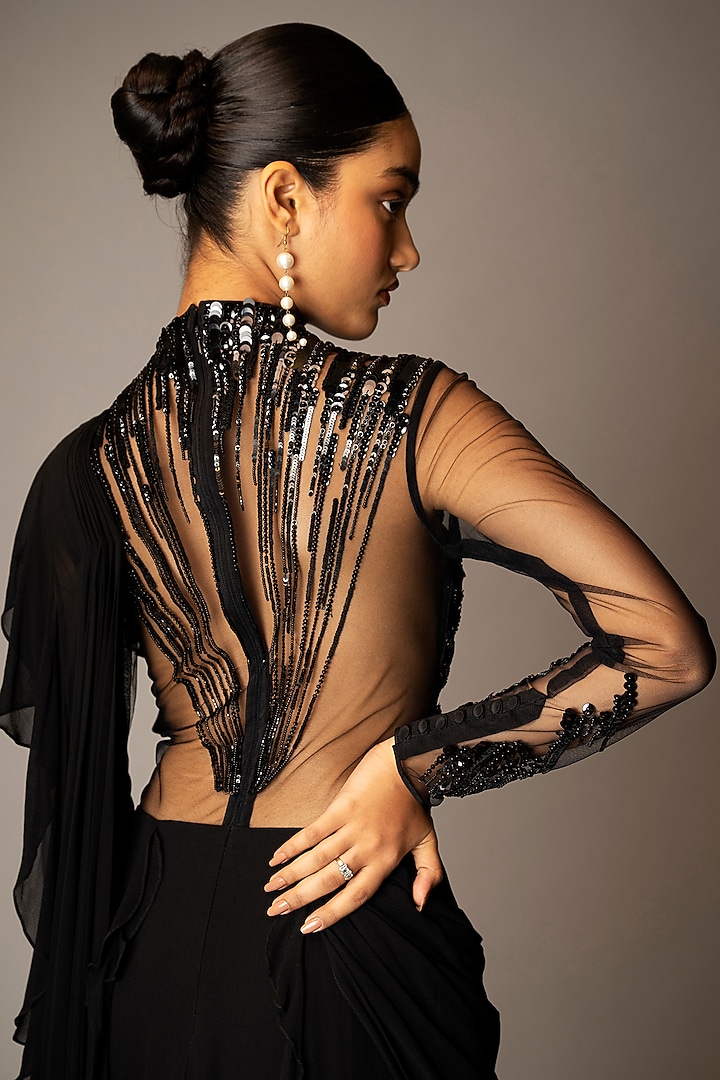 Black Georgette Sequins Hand Embellished Wedding Gown Saree by Vivek Patel at Pernia's Pop Up Shop