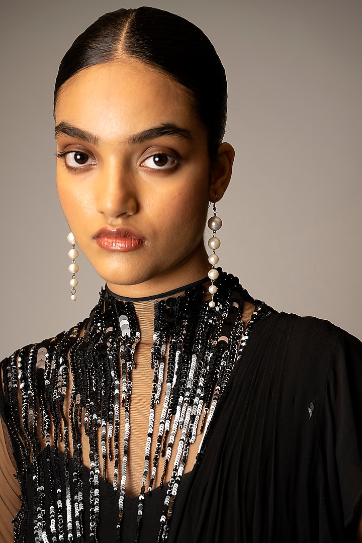 Black Georgette Sequins Hand Embellished Wedding Gown Saree by Vivek Patel at Pernia's Pop Up Shop