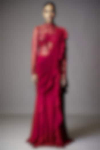 Fuchsia Pink Georgette Sequins Hand Embellished Wedding Gown Saree by Vivek Patel at Pernia's Pop Up Shop