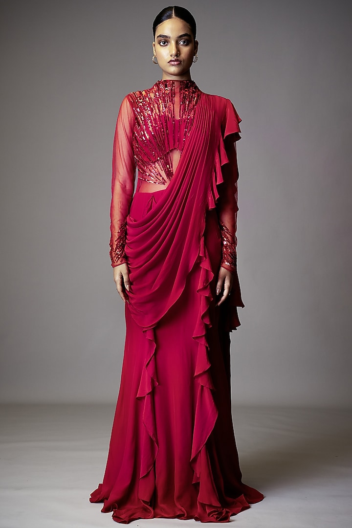 Fuchsia Pink Georgette Sequins Hand Embellished Wedding Gown Saree by Vivek Patel at Pernia's Pop Up Shop