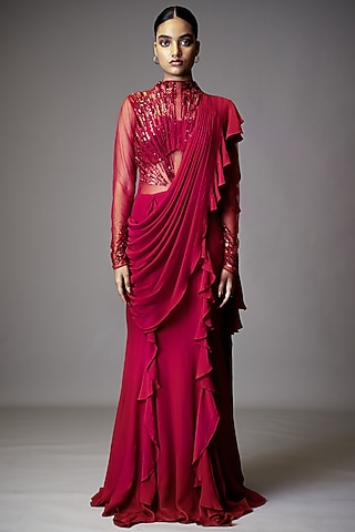 Fuchsia Pink Georgette Sequins Hand Embellished Gown Saree by Vivek Patel