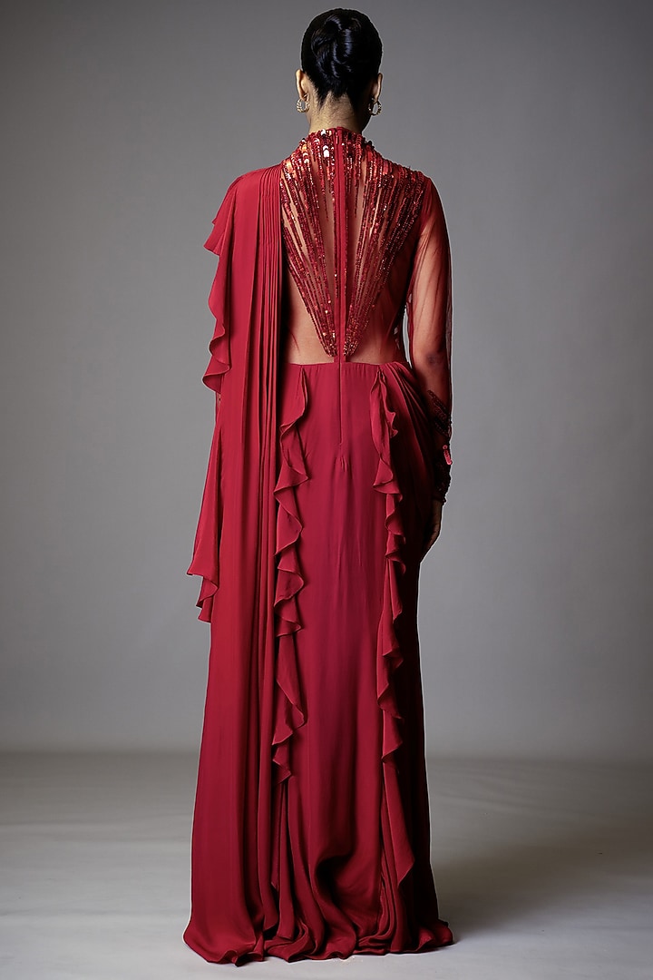 Fuchsia Pink Georgette Sequins Hand Embellished Wedding Gown Saree by Vivek Patel at Pernia's Pop Up Shop