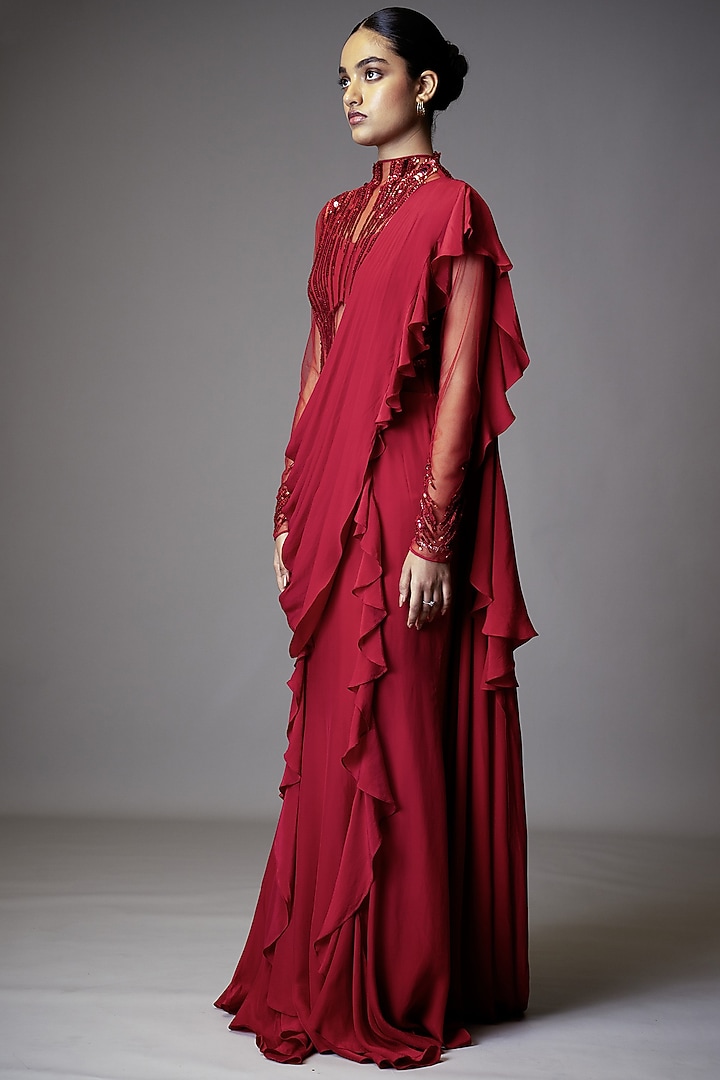 Fuchsia Pink Georgette Sequins Hand Embellished Wedding Gown Saree by Vivek Patel at Pernia's Pop Up Shop