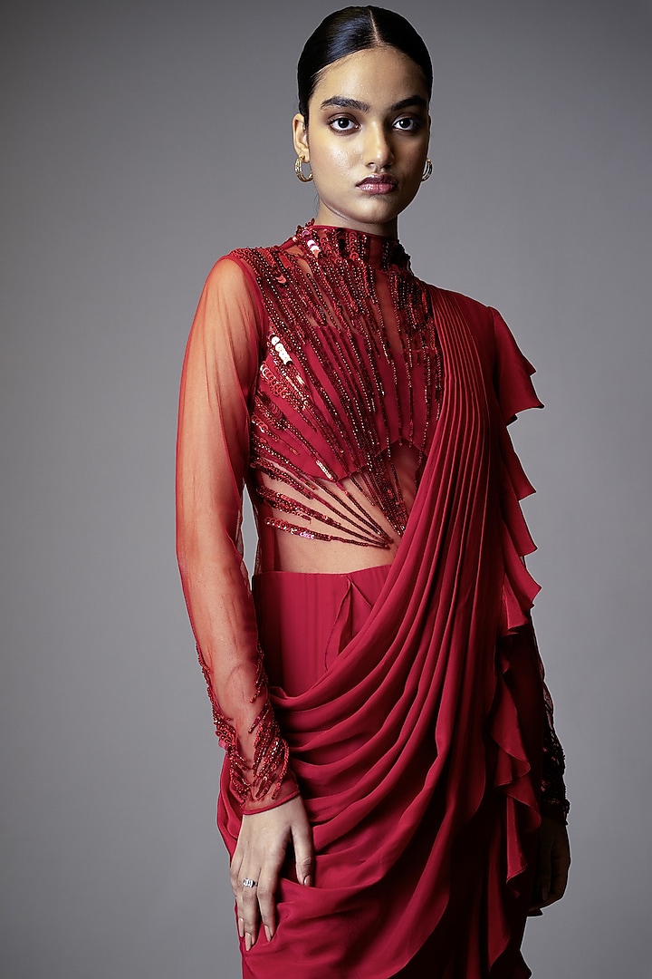 Fuchsia Pink Georgette Sequins Hand Embellished Wedding Gown Saree by Vivek Patel at Pernia's Pop Up Shop