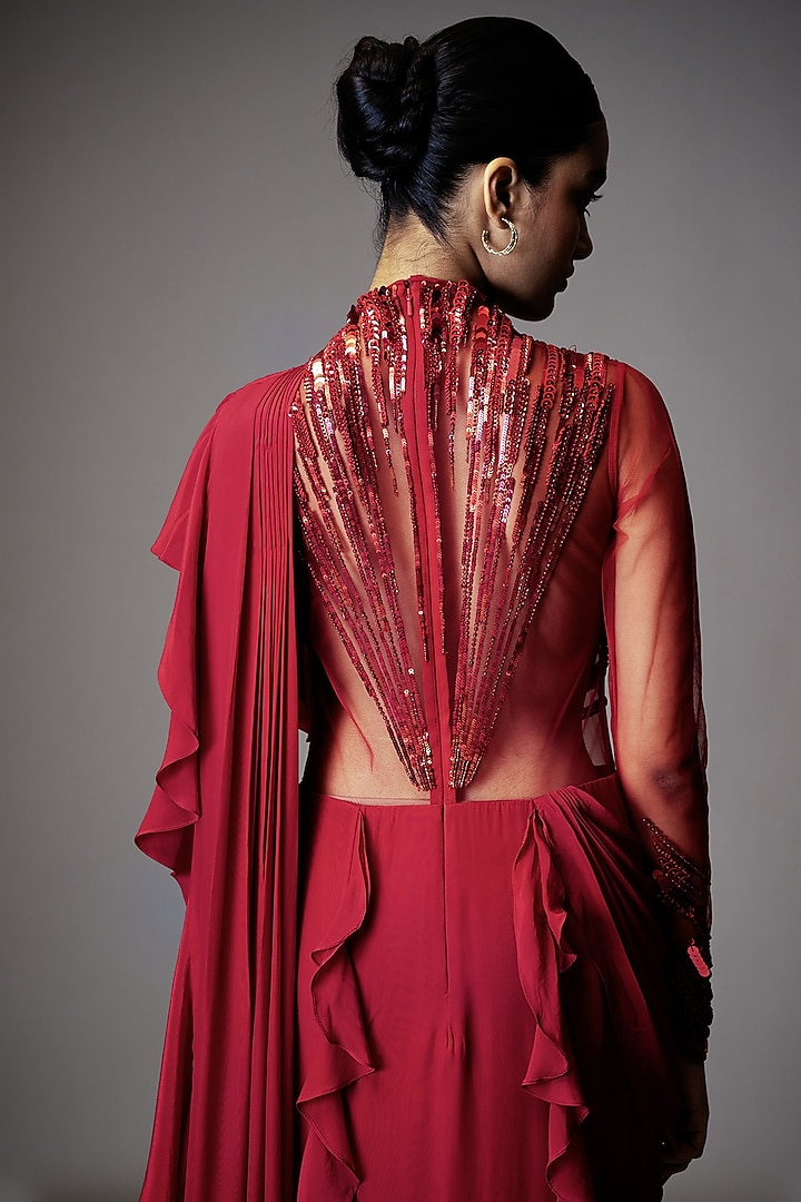 Fuchsia Pink Georgette Sequins Hand Embellished Wedding Gown Saree by Vivek Patel at Pernia's Pop Up Shop