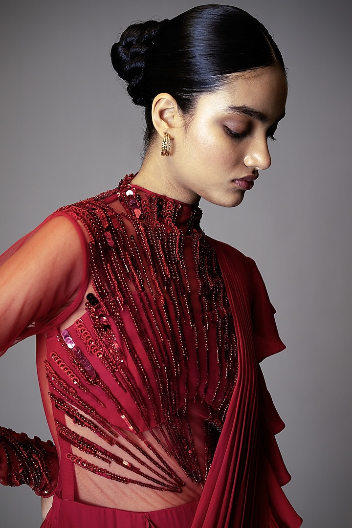 Fuchsia Pink Georgette Sequins Hand Embellished Wedding Gown Saree by Vivek Patel at Pernia's Pop Up Shop